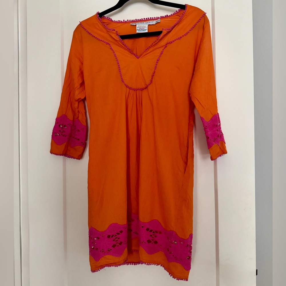 Gretchen Scott Orange/Pink 3/4 Sleeve Crochet Tunic Mini Dress.Pockets.Sz Small